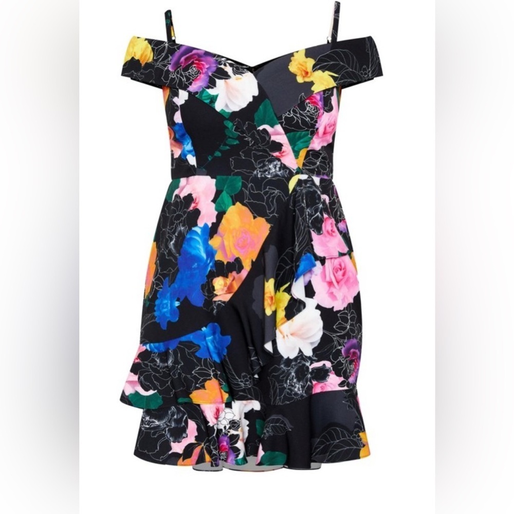 City Chic Black Floral Off-Shoulder with Straps Dress Mini Dress Plus 18 NWT - Picture 4 of 13